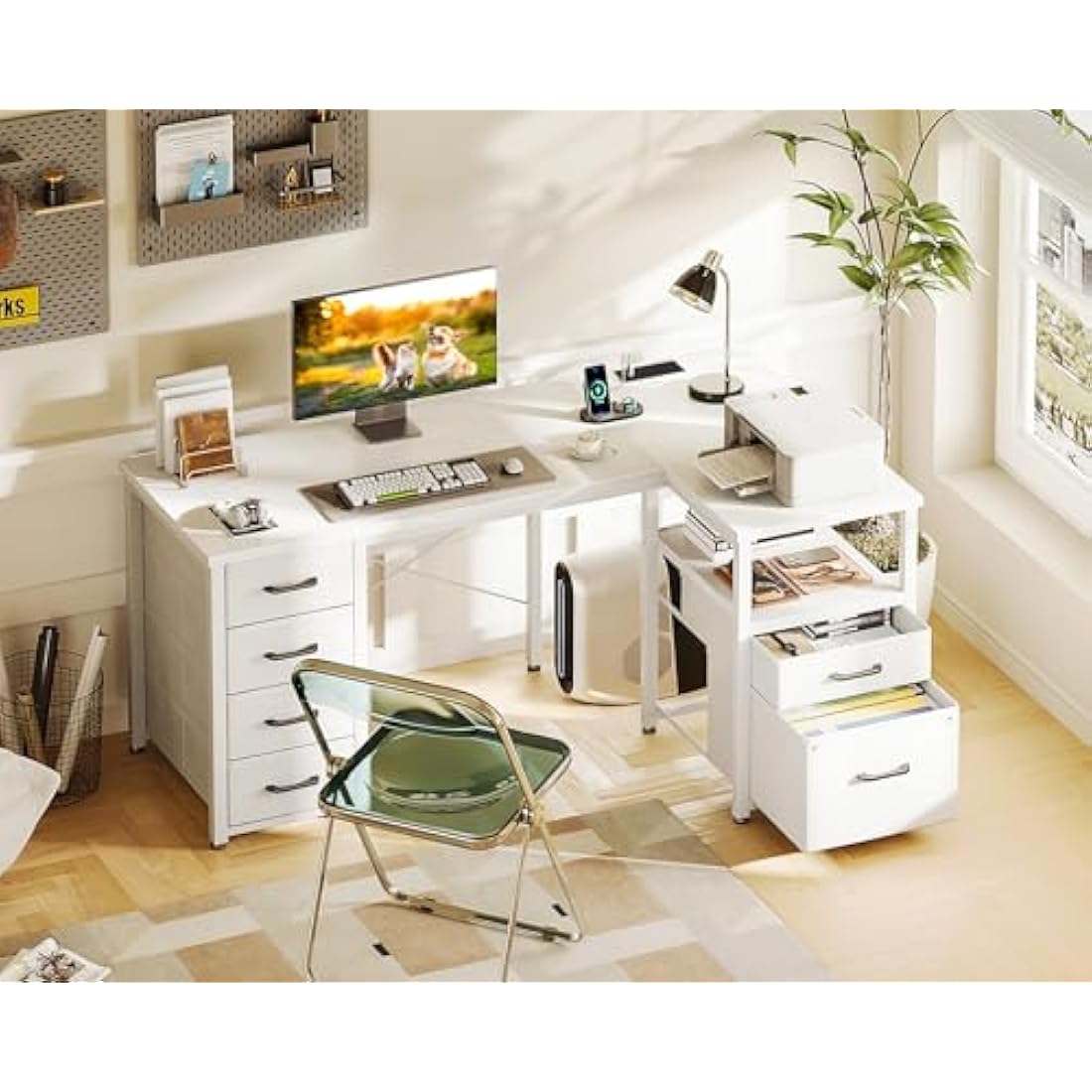 Coleshome Computer Corner Desk with Drawers, 140×70 cm L Shaped Office Desk with Power Outlet, Reversible Study PC Table with Storage for Bedroom, White