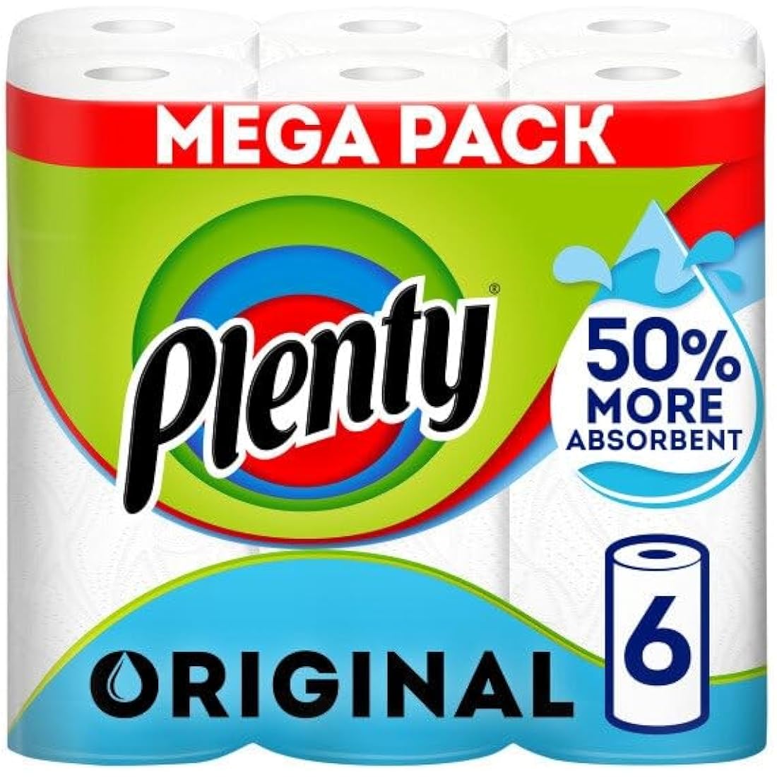 Plenty Kitchen Towel, 6 White Rolls, 600 Sheets of Kitchen Roll, 2-Ply Tissue