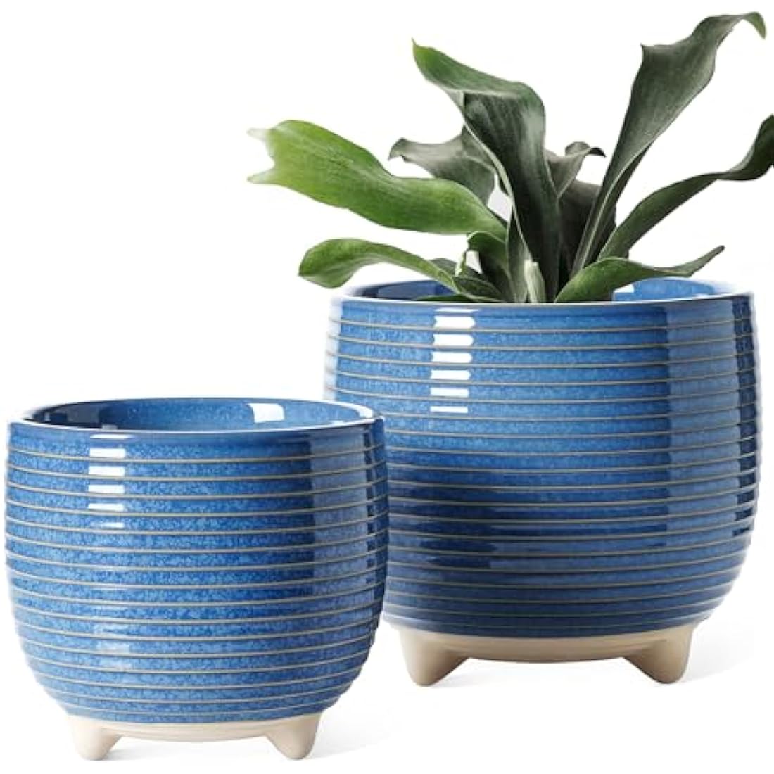 LE TAUCI Ceramic Plant Pots, 12 + 16 cm Footed Pots for Plants, Cute Modern Flower Pots for House and Office, Small Indoor Planters with Drainage, Reactive Glaze Blue