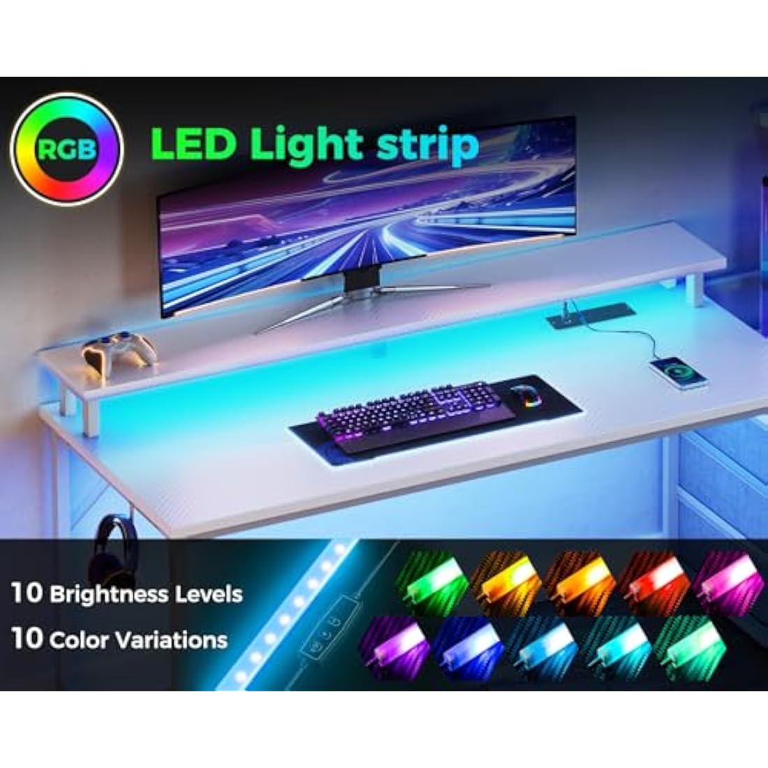 Coleshome 150×50 cm Gaming Desk with LED Lights & Power Outlet, Reversible Computer Desk with Drawers, Gaming Table with Storage & Monitor Stand, Carbon Fiber White