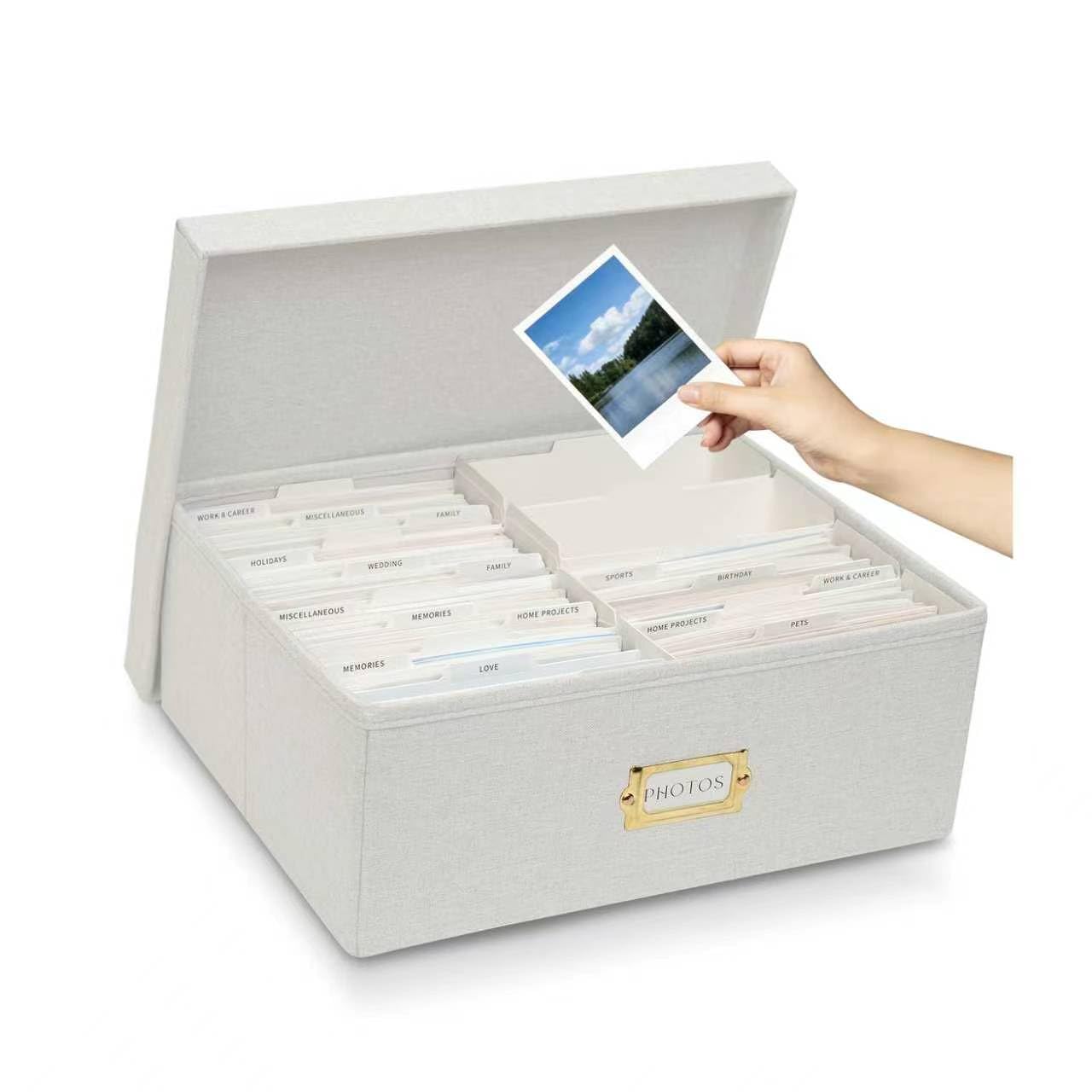 kroucoco Linen Photo Storage Box,hold up to 1700 Photos of 4x6”,Photo Containers with Dividers,Photo Storage Organizer with Lid for