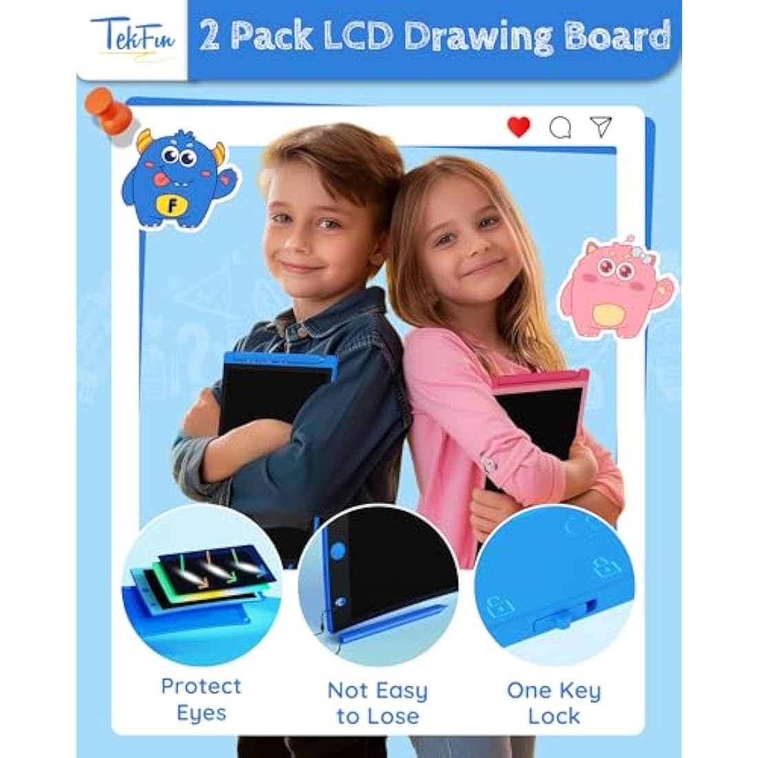 TEKFUN 2 Pack LCD Writing Tablet, 8.5inch Colorful Drawing Tablet for Kids, Erasable Writing Drawing Board with Lanyard, Learning Toys Gifts for 3 4 5 6 7 Years Old Boys Girls Toddlers (Blue+Pink)