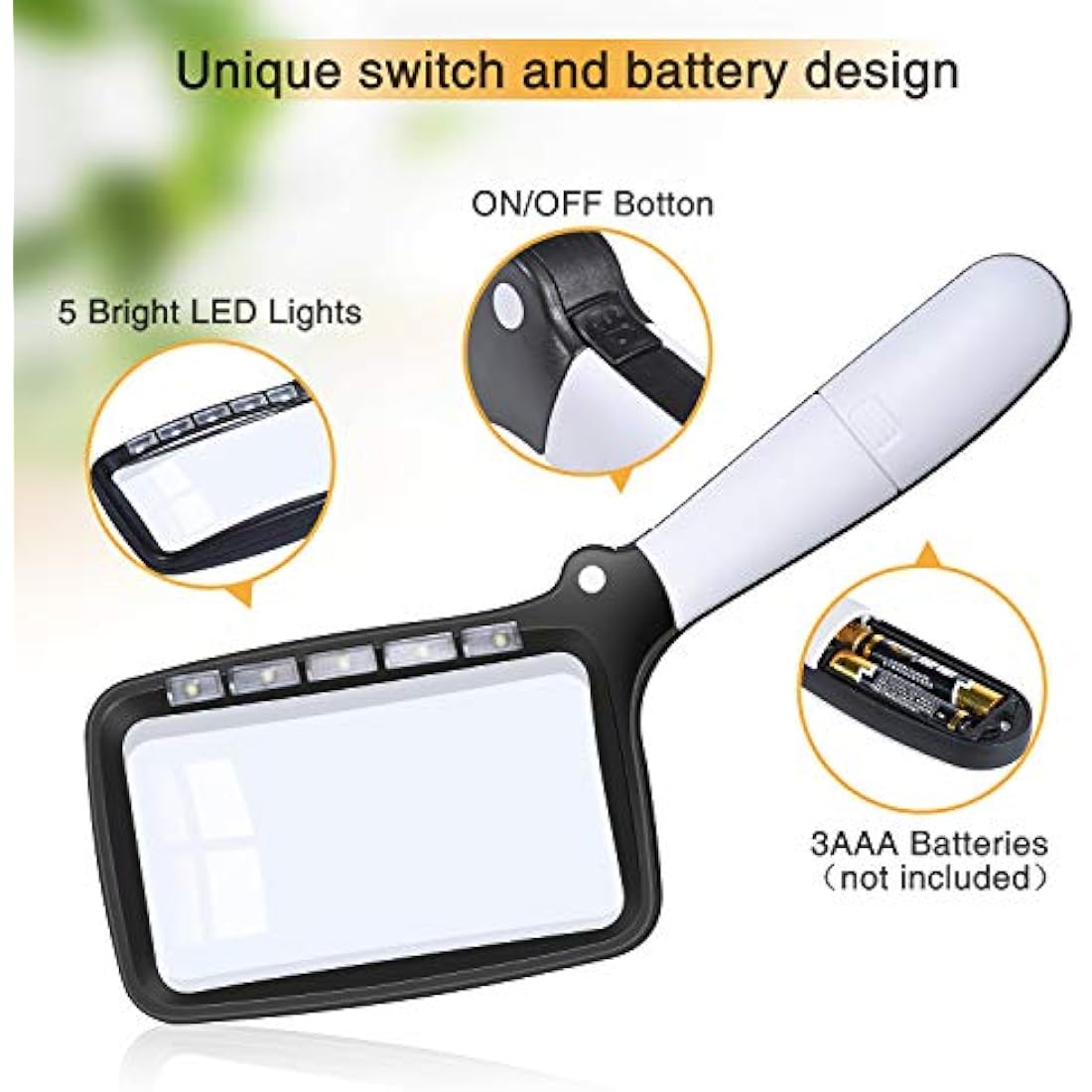 Kaome Rectangular Magnifying Glass with Light Magnifier Large Foldable Handheld 5 LED, 2 Dimming Modes, 2X Magnifying Reading for Seniors Low Vision Books Pages Magazines Newspapers Maps Jewelry