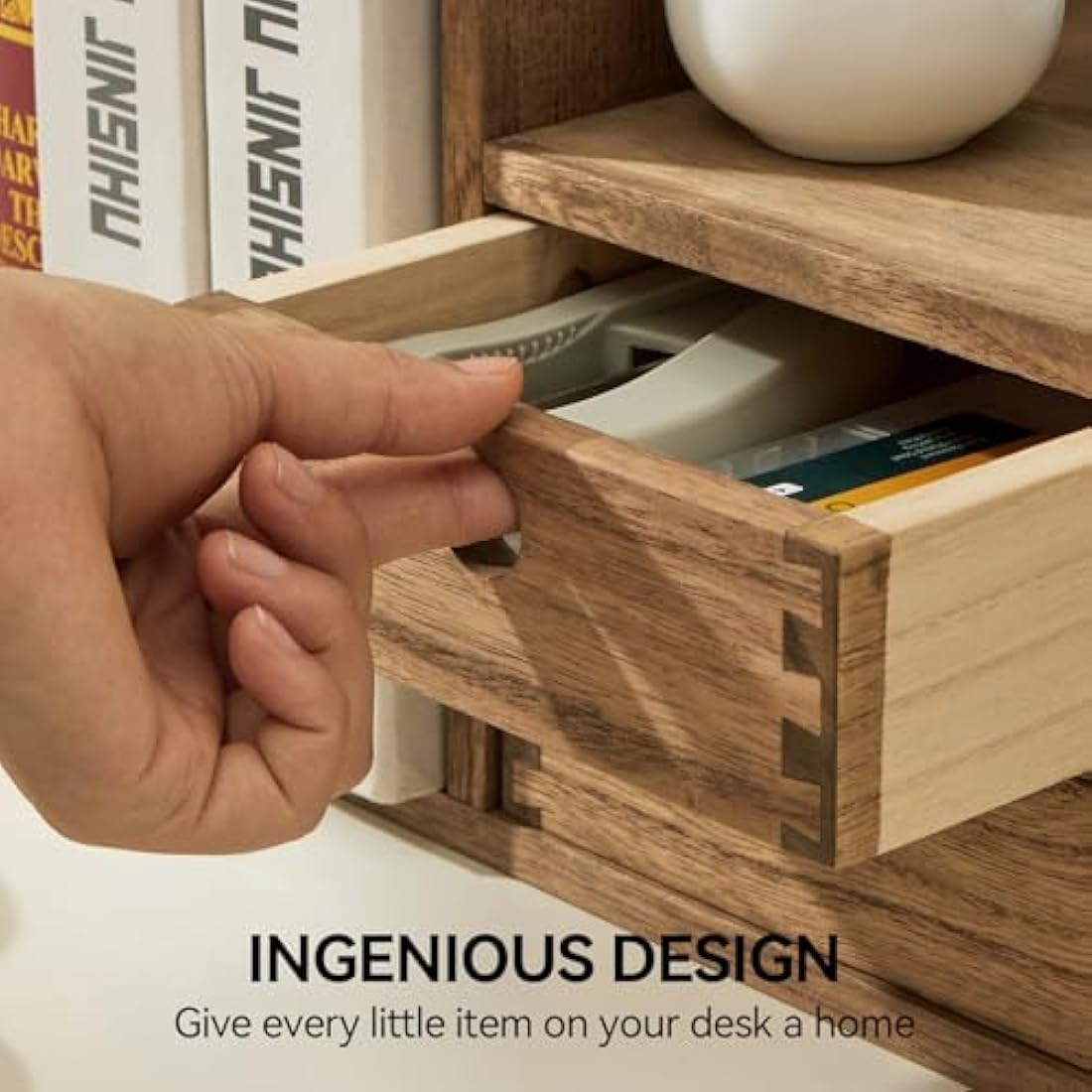 KIRIGEN Desktop Wooden Bookshelf, Expandable Book Organiser with 2 Drawers Desktop Bookcase Multifunction Storage Organizer Book Display Rack Home Office Tidy Organiser Wood Kids Bookshelf(LSJ-DBR)