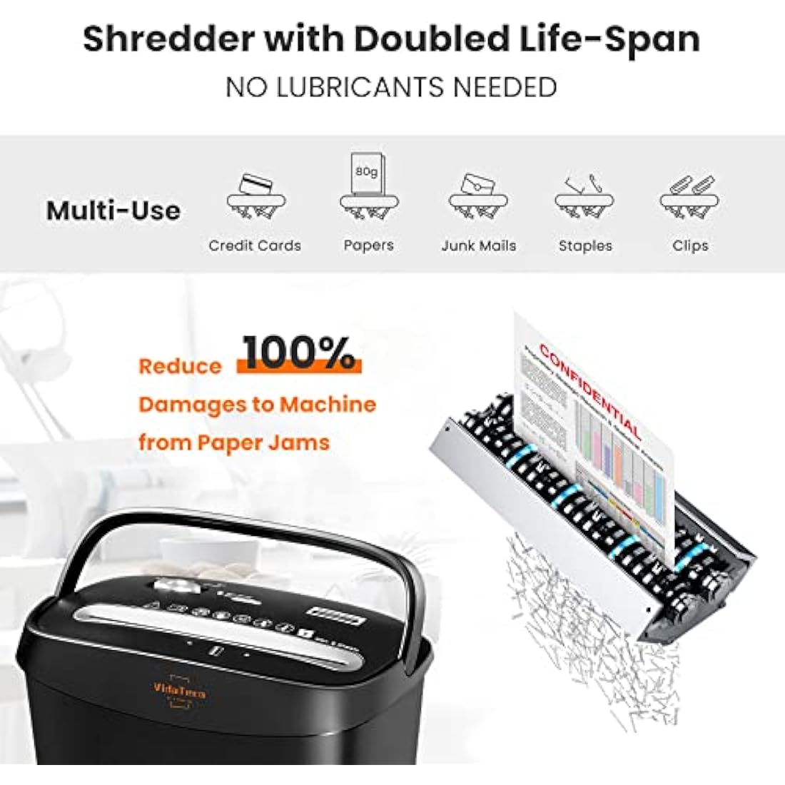 VidaTeco Micro-Cut Paper Shredder 10-Sheet Shreds Paper/Card/Staple/Clip Paper Shredder for Home Office Security Level P-4 Jam Proof System 15L Pullout Basket