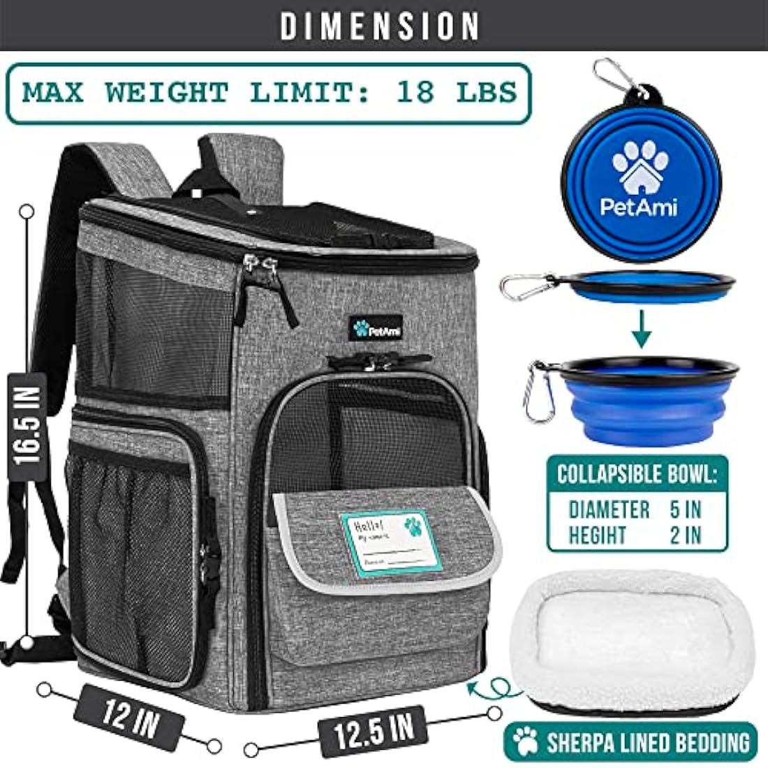 PetAmi Pet Carrier Backpack for Small Cats, Dogs, Puppies | Airline Approved | Ventilated, 4 Way Entry, Safety and Soft Cushion Back Support | Collapsible for Travel, Hiking, Outdoor (Heather Gray)