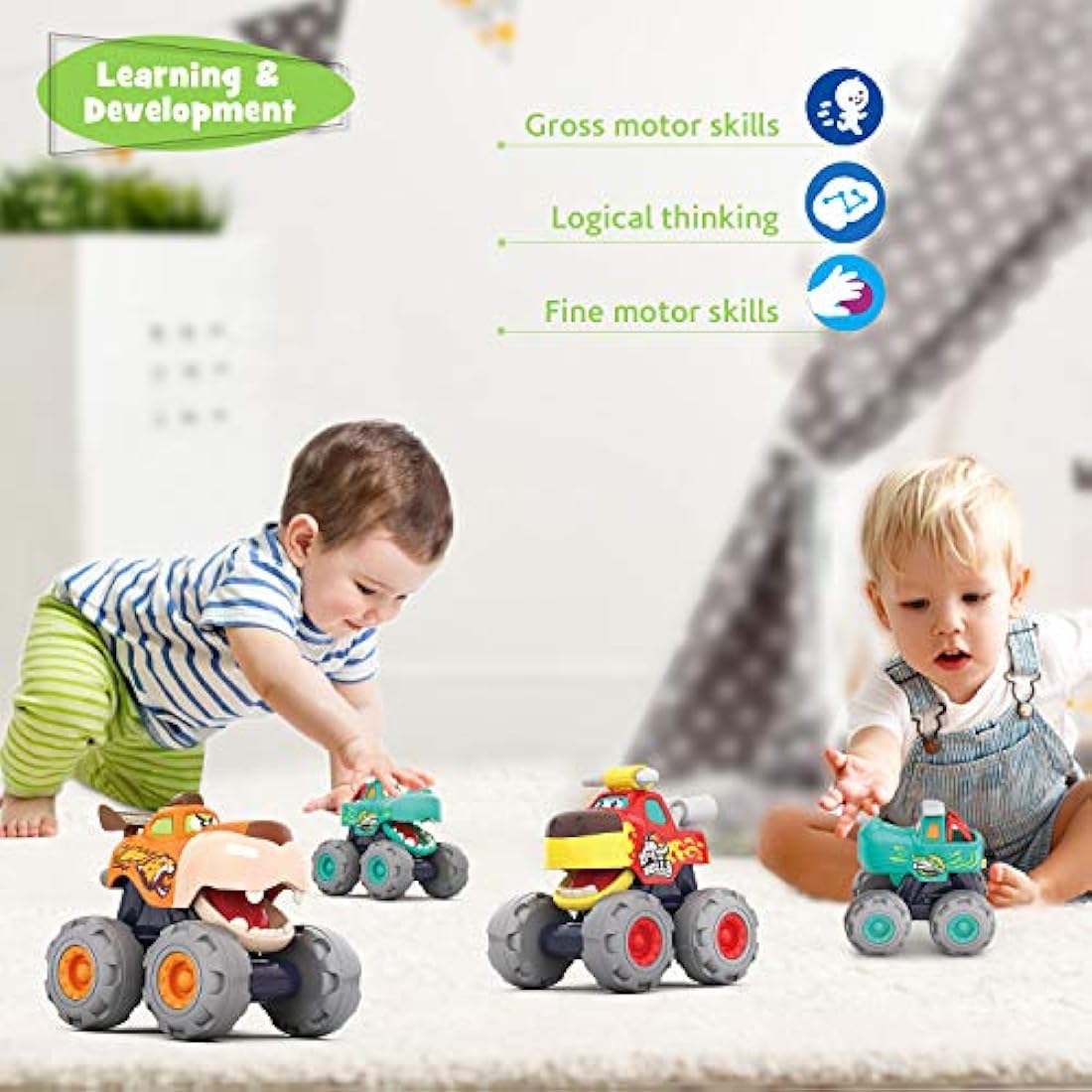 MOONTOY Monster Truck Car Toy Set for 1-3 Years, 3-Piece Cartoon Monster Truck Toy Cars, Red, Blue, Green