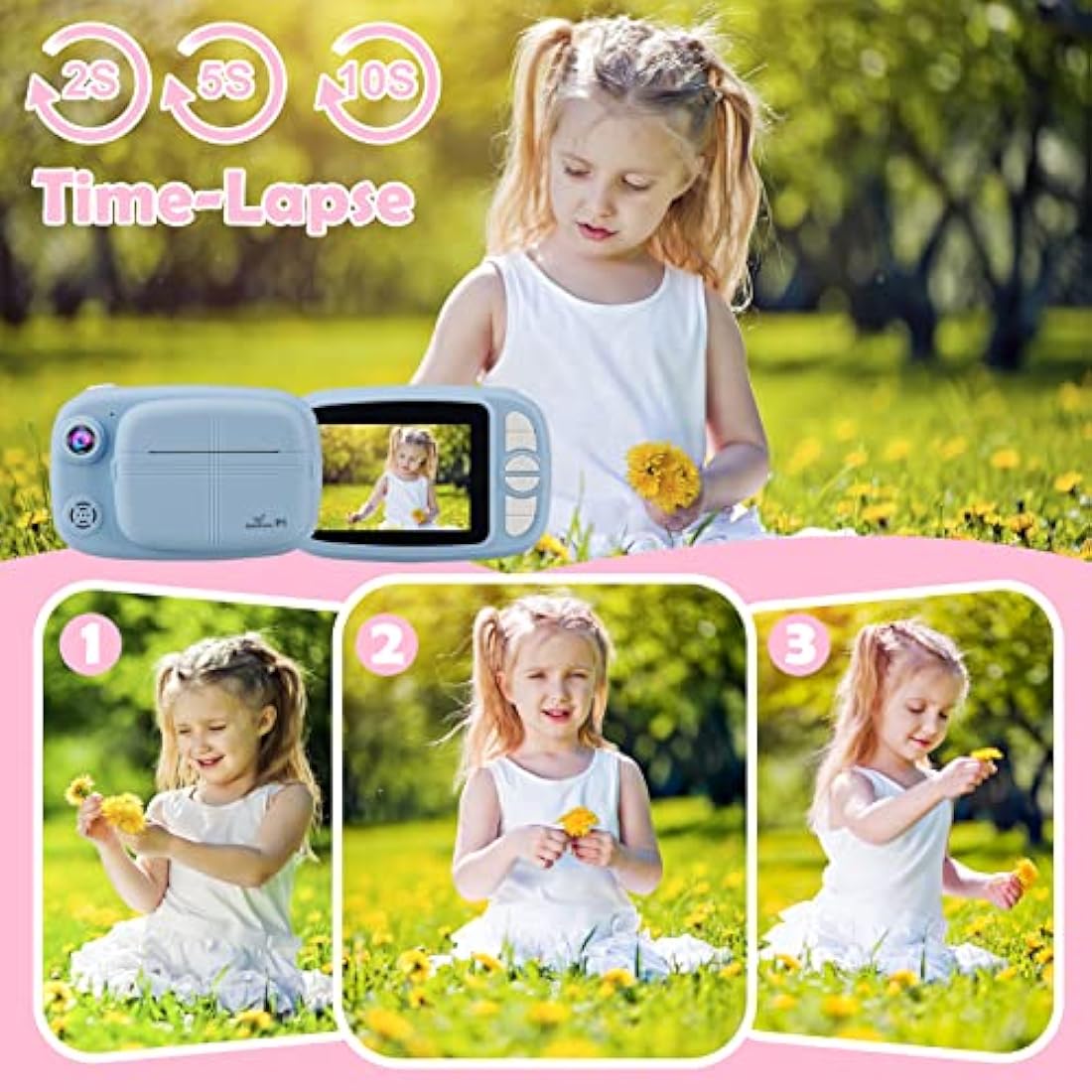 GlobalCrown Kids Camera Instant Print,3.5 Inch Screen Video Child Digital Kids Instant Camera Photo Gifts for Boys Girls (Included 4 Rolls of Printing Paper and 32GB Card)