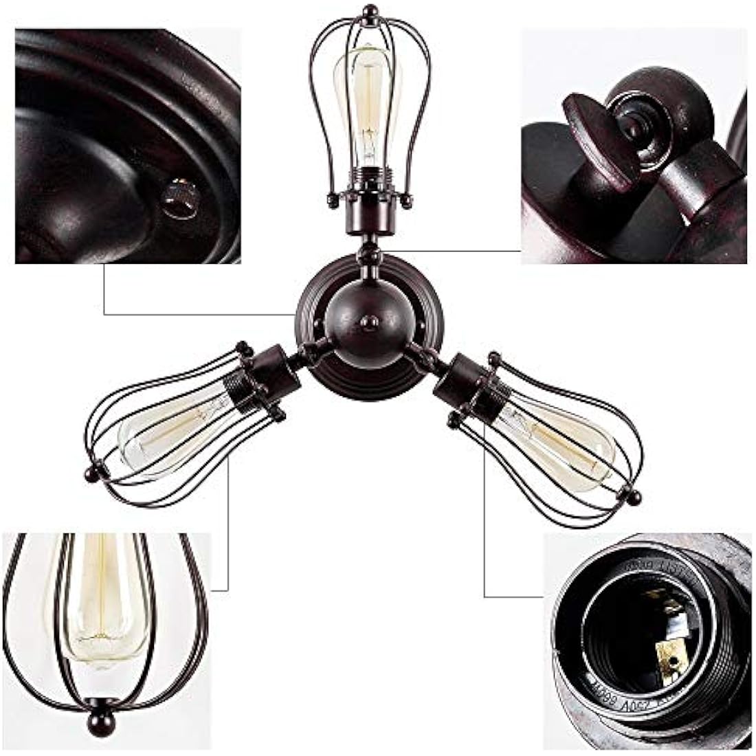 Vintage Adjustable Socket Industrial Ceiling Light Metal Cage Lamp Semi Flush Mount Metal Cage Lamp Rustic Metal Ceiling Light (No Bulb) (with 3 Bulbs) (Rust)