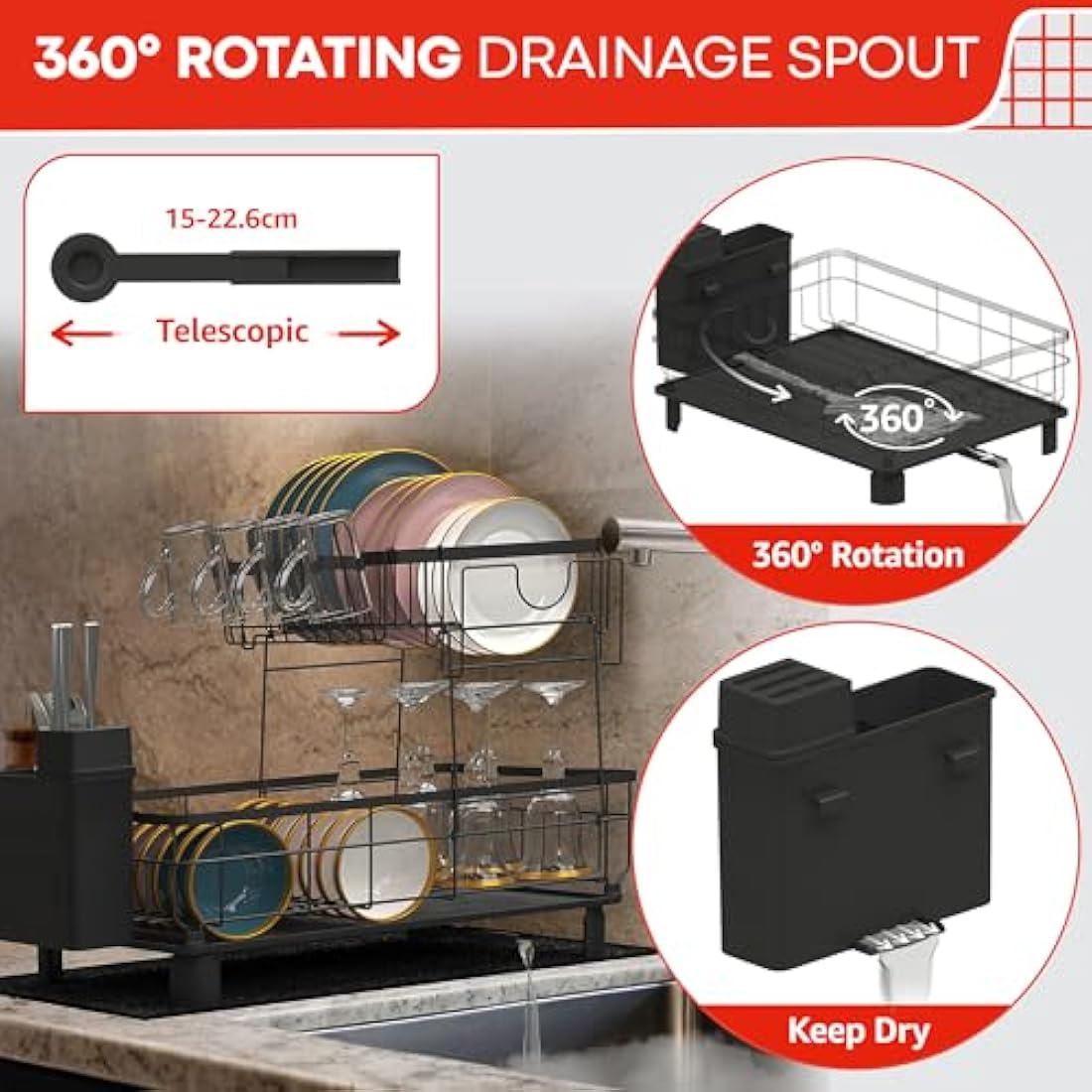 RebelEver Dish Drainer Rack - Draining Board Rack - Sink Drainer Rack - Plate Rack - Driying Rack Kitchen - Dish Drying Rack with Drainage Pipe to the Sink - Drying Mat included (2 Tier)