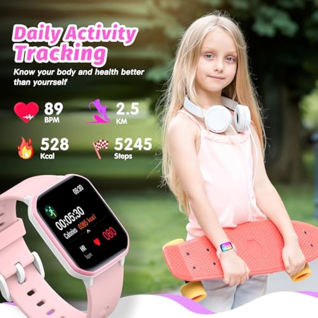 Kids Smart Watch for Girls,IP68 Waterproof Kids Fitness Tracker Watch with 1.5 Inch DIY Face,Heart Rate Sleep Monitor,19 Sport Modes,Calories Counter,Alarm Clock,Great Gifts for Children 6+ (Pink)