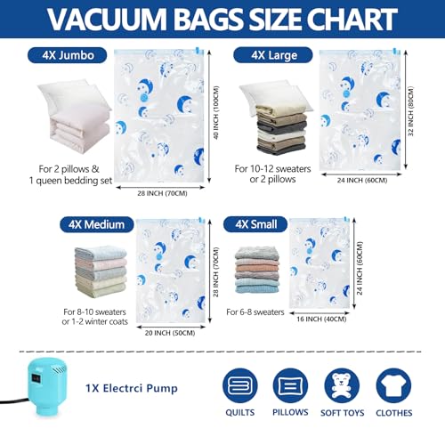 SZO Vacuum Storage Bags for Clothes with Electric Pump, 16-Pack(4 Jumbo, 4 Large, 4 Medium, 4 Small), Vacuum Bags for Duvets, Mattresses, Blankets,