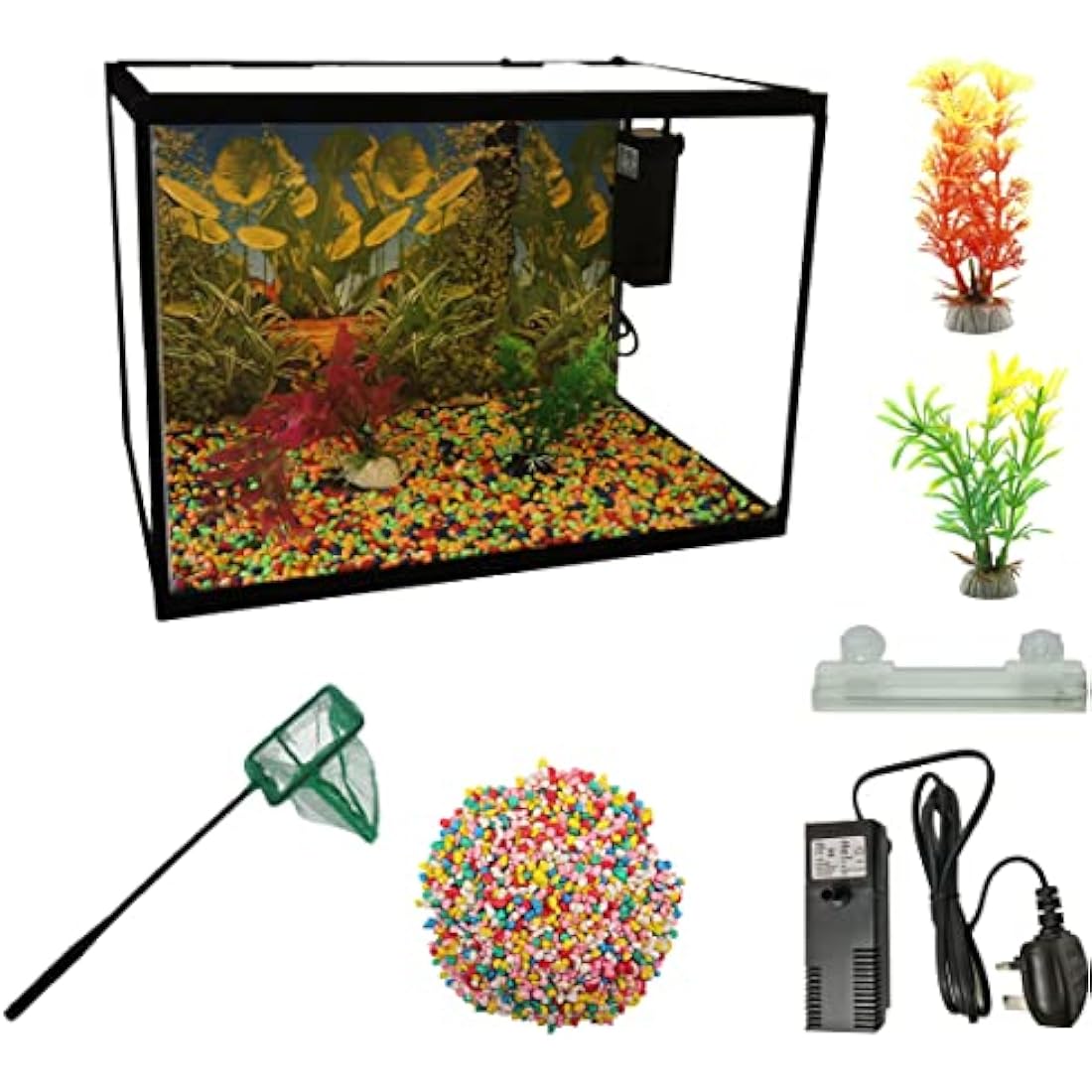LED Glass Aquarium Fish Tank Starter Kit With Fish Net, Led Light and Air Pump Filter (26L)