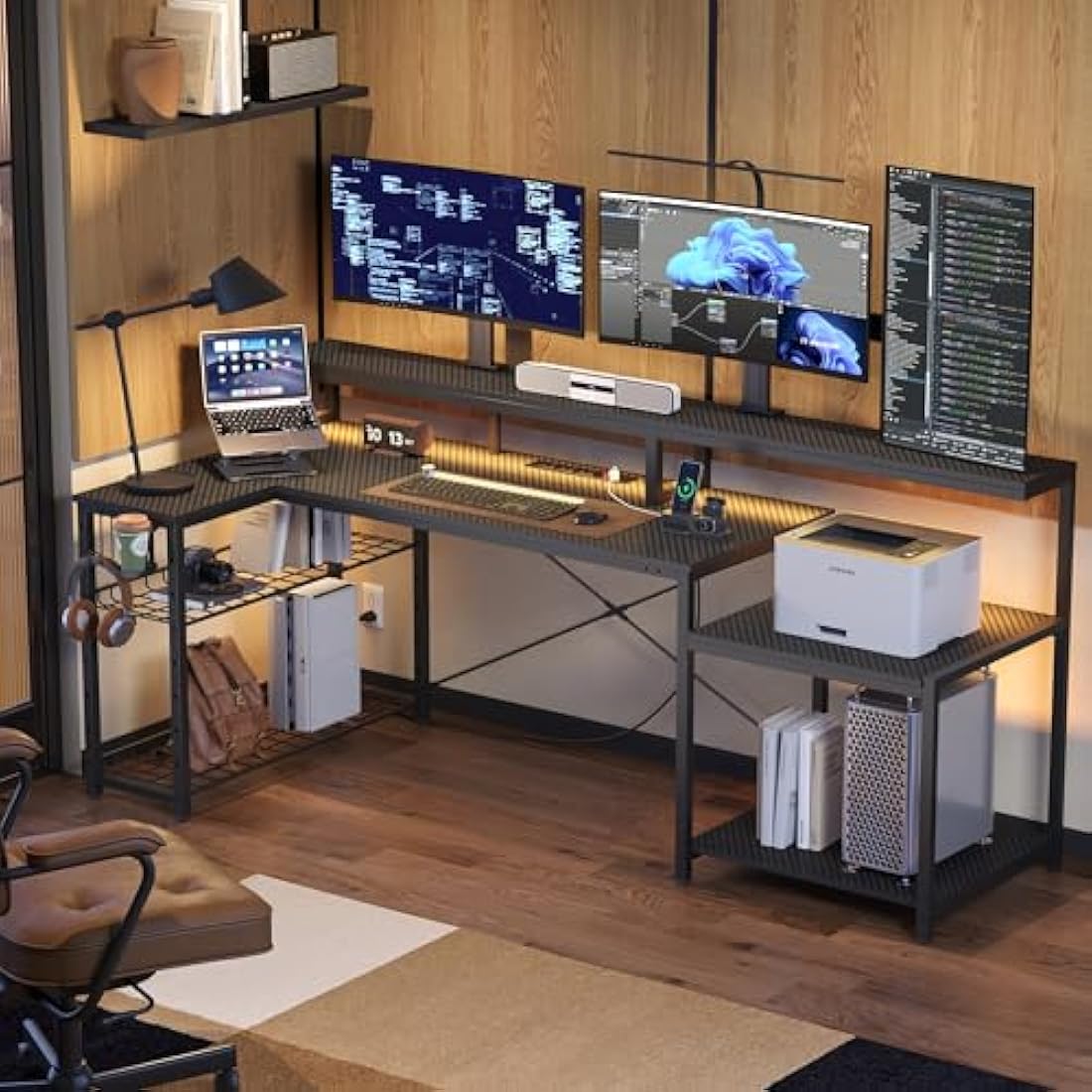 Bestier 181CM L-Shaped Gaming Desk with RGB LED Lights, Power Outlets, USB Ports, Carbon Fibre Surface, Monitor Stand, Storage Shelf, Cup Holder & Headset Hook