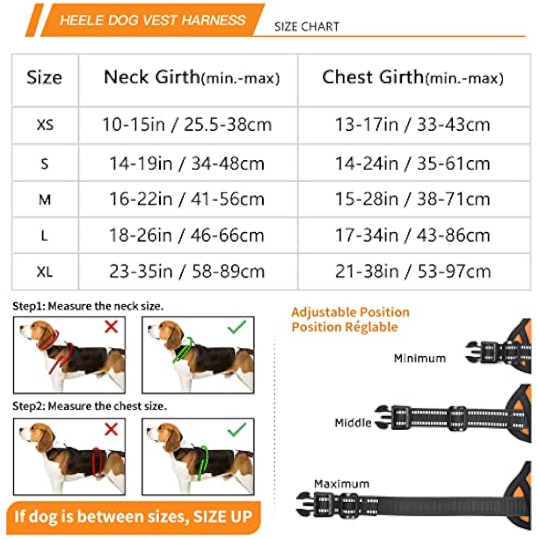 HEELE Dog Harness, No Pull Dog Harness Large, Release on Neck, Reflective Adjustable Dog Harness with Front Back 2 Leash Attachments and Soft Padded Control Handle for Dogs Walking Training, Orange, L