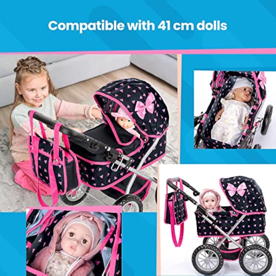 Kinderplay Dolls Pram | Toy Pram | Baby Doll Pram - Toy Pushchair | Dolls Buggy | Dolls Pushchair | Doll Stroller with Adjustable Handle (33-63 cm), model KP0261R