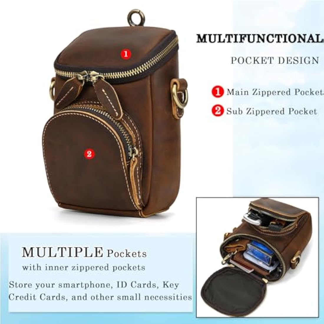 Mini Mens Genuine Leather Messenger Shoulder Bag Motorcycle Bike Riding Cycling Multi Waist Fanny Pack Small Leather Leg Bag for Wallet Coin Key iPhone, 9391 Brown