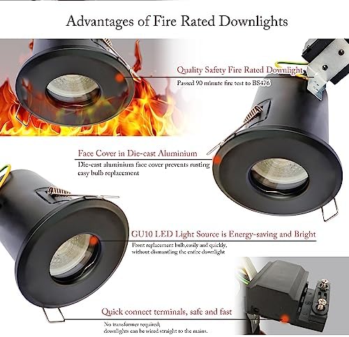 4XSweier 90 Minute Fire Rated Ceiling Recessed LED Spotlight, 5W 3000K Warm White IP65 Waterproof Bathroom LED Recessed Downlight, Cutout 75mm. Black (Non-Dimmable)