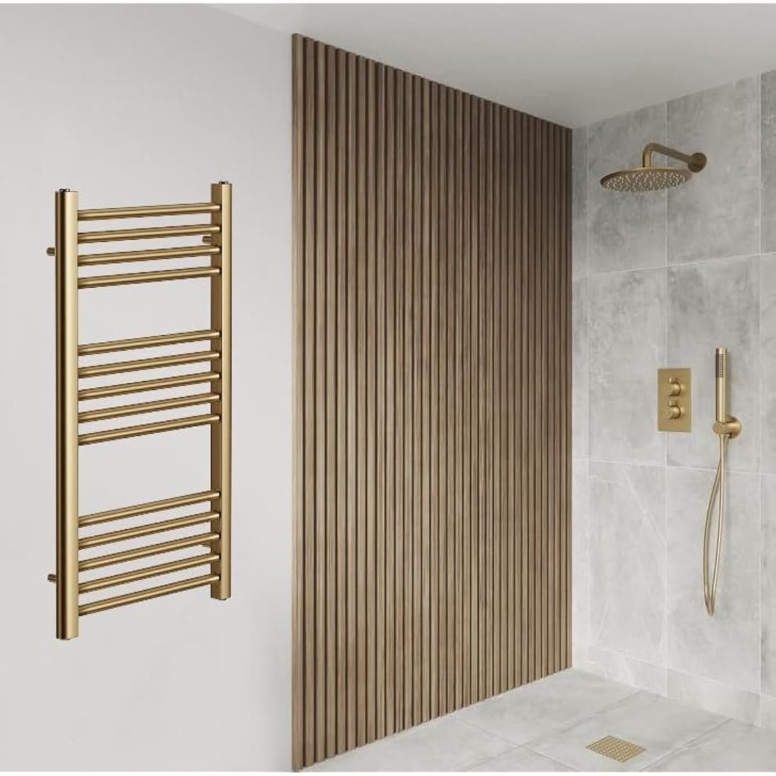 Greened House Brushed Brass Straight Heated Towel Rail 400mm Wide x 800mm High Flat Central Heating Bathtoom Towel Radiator