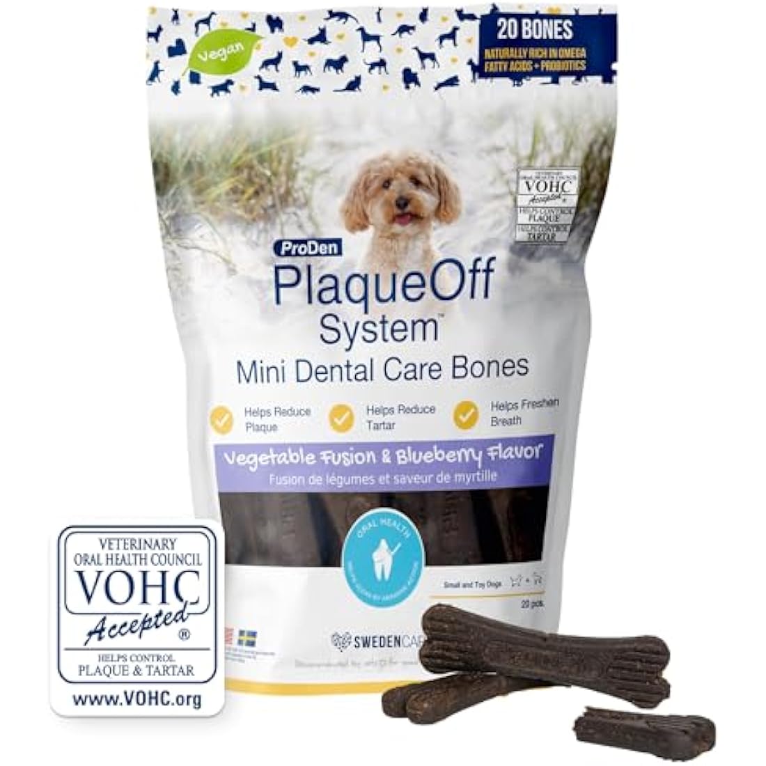 ProDen PlaqueOff 20 Mini Dental Bones for Small Dogs Tartar, Plaque & Bad Breath Remover, Improves Overall Oral Health, Vegetable Fusion and Blueberry
