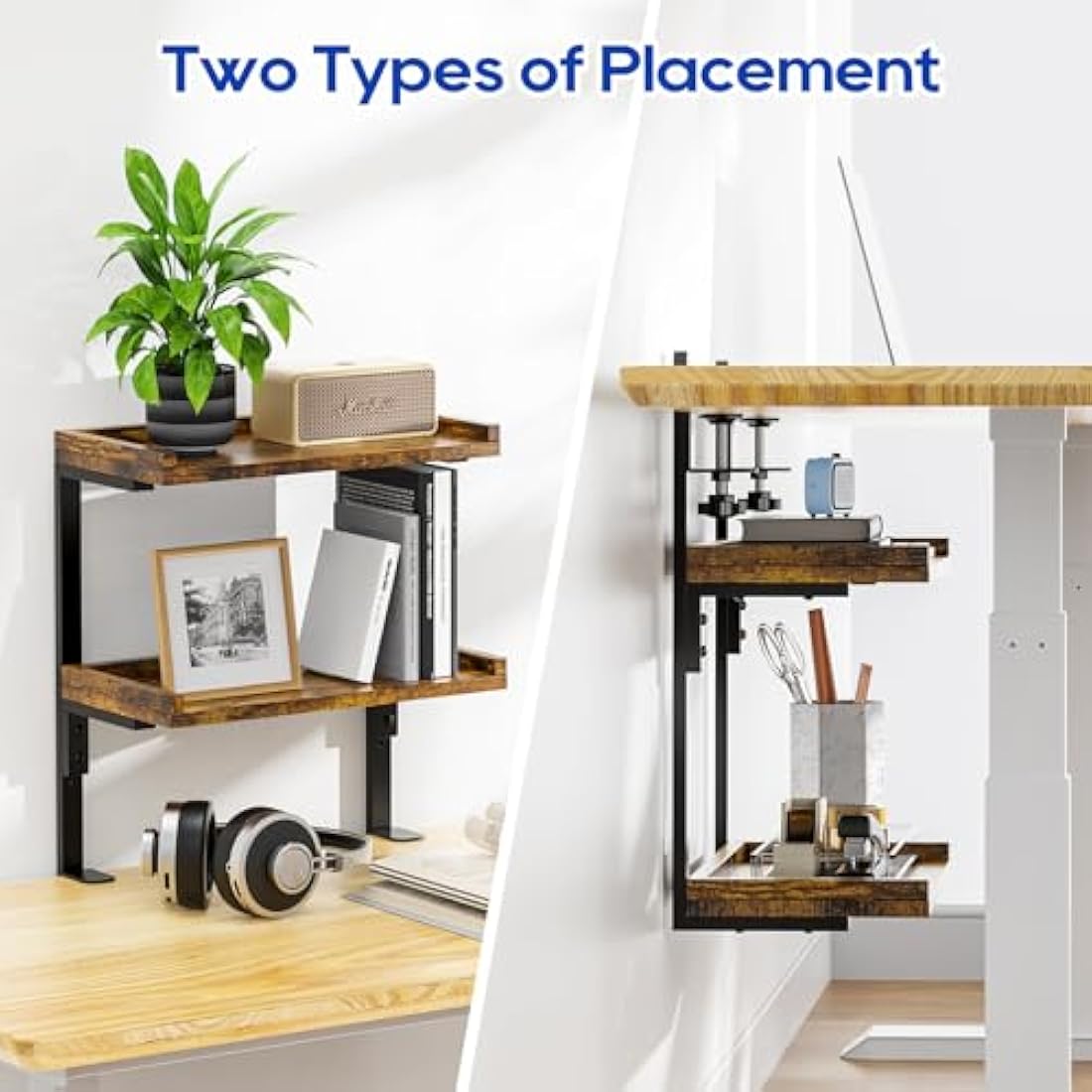 THYGIFTREE Clamp On Desk Shelf 2-Tier, Wood Shelving Unit for Office Gaming Accessories, Tabletop Book Storage Rack, Shelf for Top of Desk, Brown