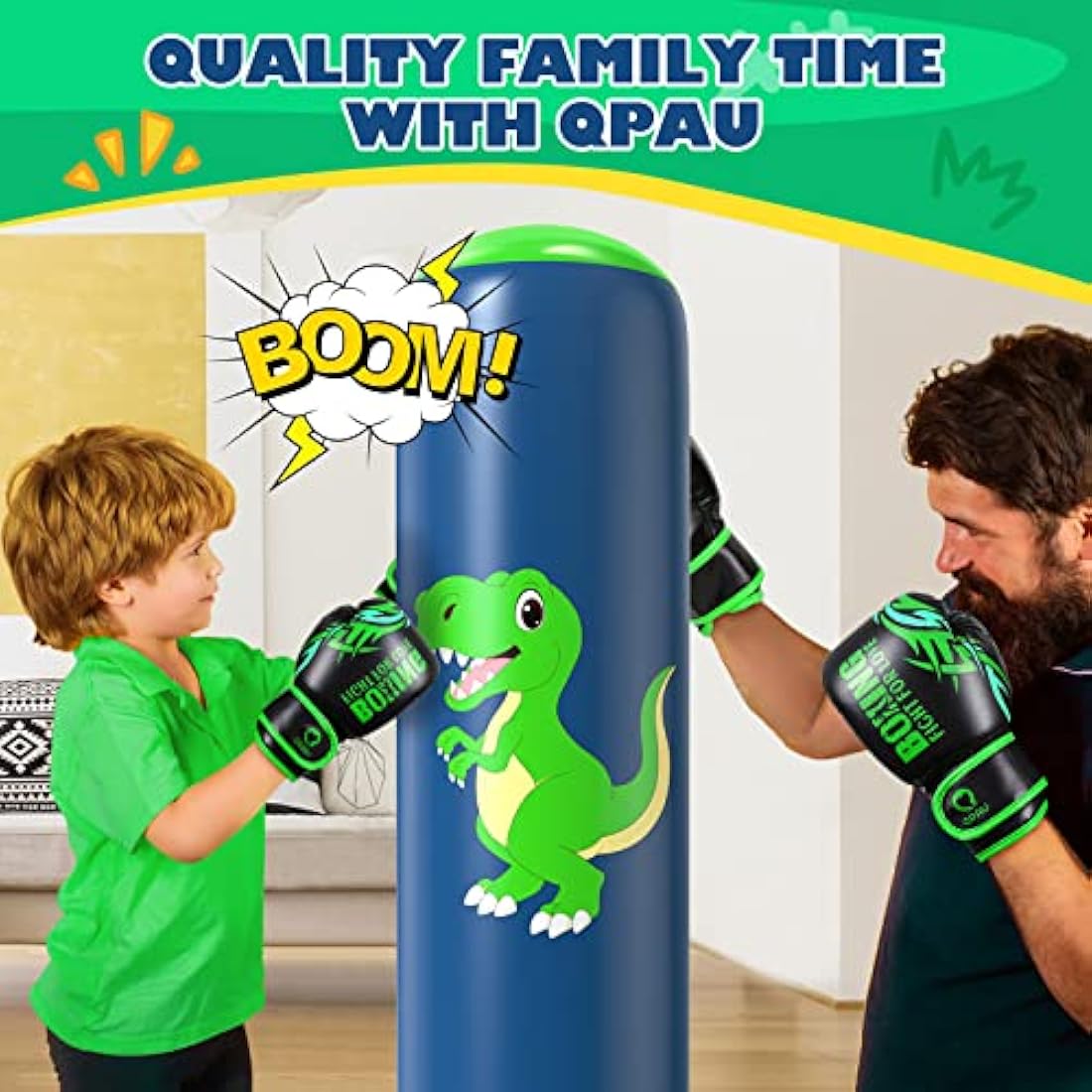 QPAU Inflatable Kids Punching Bag, 48 Inch Stable Boxing Bag with Boxing Gloves, Punch Bag Dinosaur Toy & Gifts for Boys Girls Age 3-8, Set for Practicing Karate, Taekwondo, MMA