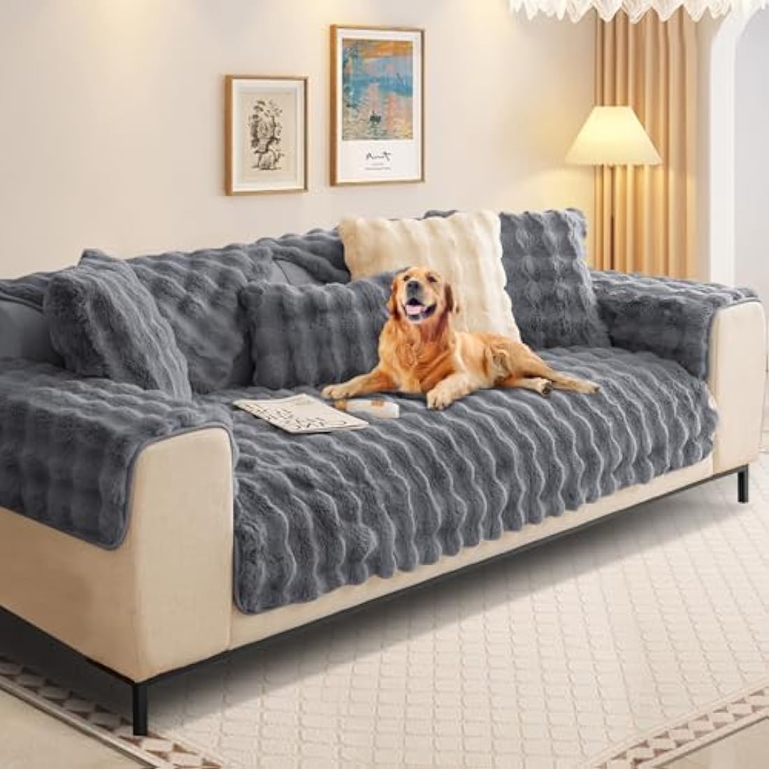 SHANNA Thick Rabbit Plush Sofa Cover 1 2 3 Seater, New Universal Non-Slip Corner Sofa Cover L Shape Super Soft Faux Fur Sofa Slipcovers for Living Room(Grey, 90 * 240cm Seater Cover)