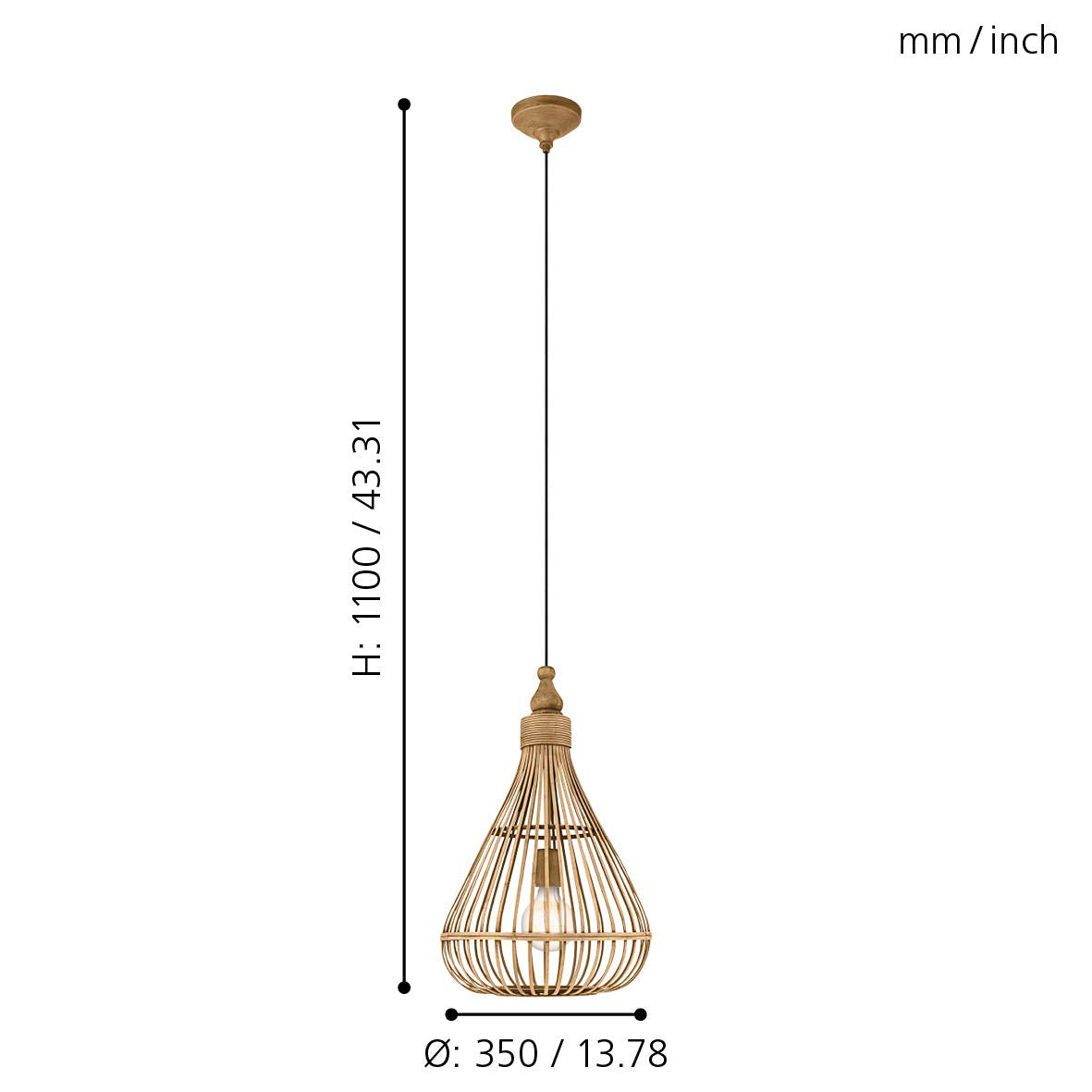 Eglo Amsfield Pendant Light, Vintage, Nature, Boho, Nordic Design Hanging lamp, Dining Room, Living Room Lighting, Steel and Wooden Natural Colour,