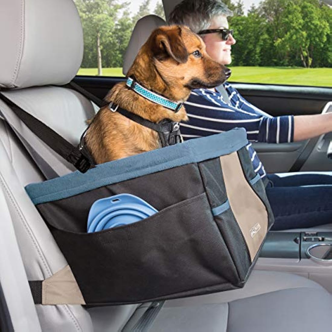 Kurgo Rover Car Booster Seat for Dogs, Quick & Secure Installation, Includes Seat Belt Tether, Fleece Lining, Black/Blue