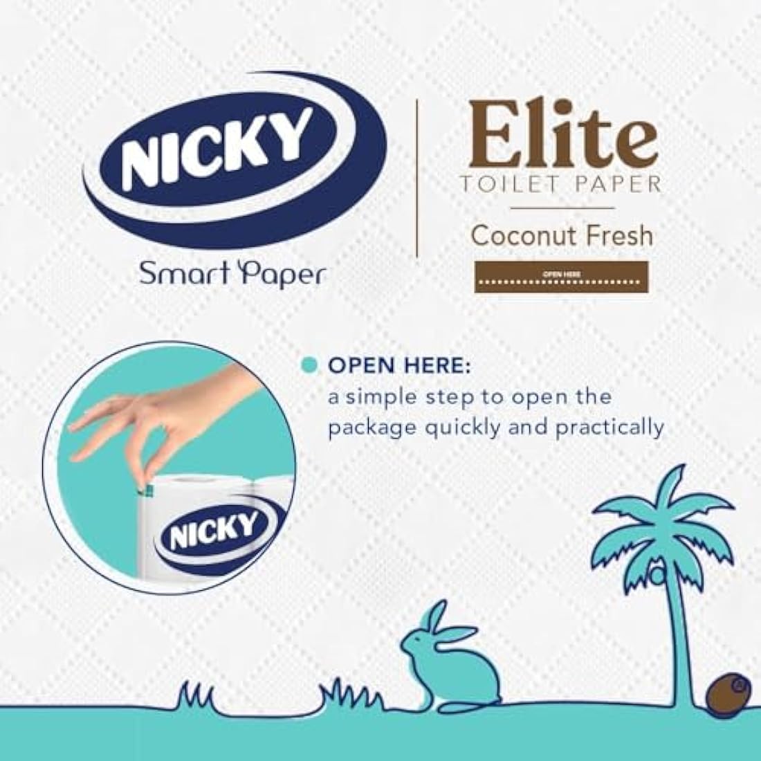 Nicky Elite Coconut Fresh Toilet Tissue - 45 Rolls of White Toilet Paper, 168 Sheets per Roll, 3-Ply, Exotic Coconut Scent, Softeness and Comfort to the Skin, 100% FSC Certified Paper, Easy Open Pack