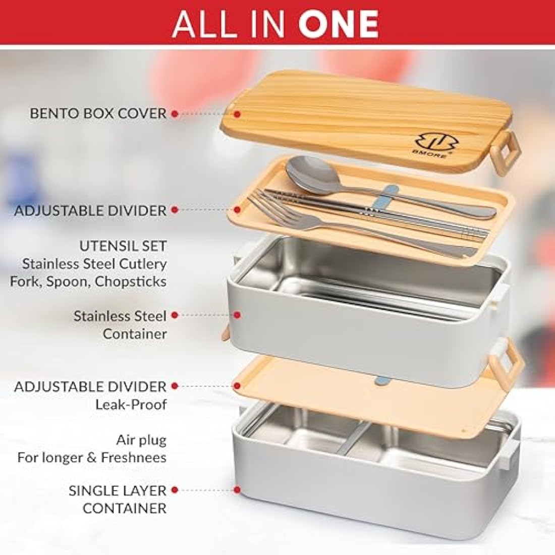 BMORE® Lunch Box,1000ml Bento Box with Stainless Steel Cutlery & Chopsticks. Stackable 2 Layer Food Container for Adults, Kids. Microwave & Dishwasher Safe (Stainless Steel Liners Included) UK Company