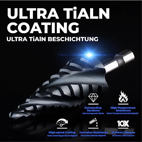 toolant Four Spiral Flute Cobalt Step Drill Bit(Pro Max), 4-22mm Impact Ready Four Spiral Flutes Unibit Step Bit, 1/4" Hex Shank Unibit for Metal, Stainless Steel, Aluminum, Wood, Plastic