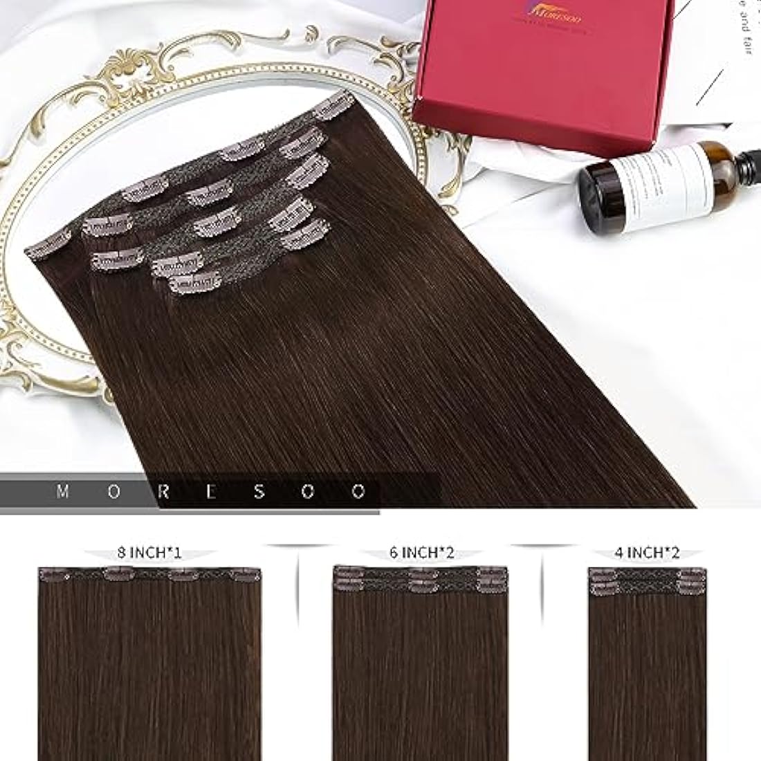 Moresoo Clip in Hair Extensions Real Human Hair 14 inch Dark Brown Hair Extensions Clip in Real Human Hair Short Bob for Women Adding Volume Natural Look Daily Use 5 Pieces/80G #4