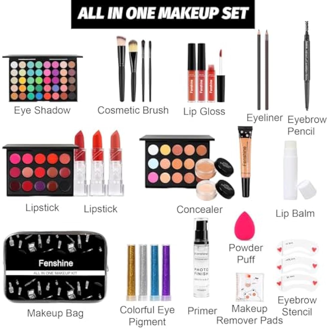 Professional All in One Makeup Set, Fenshine Cosmetic Make Up Starter Kit With Storage Bag Portable Travel Make Up Palette Eyeshadow Foundation Lip Gloss for Teenage & Adults (30PCS)