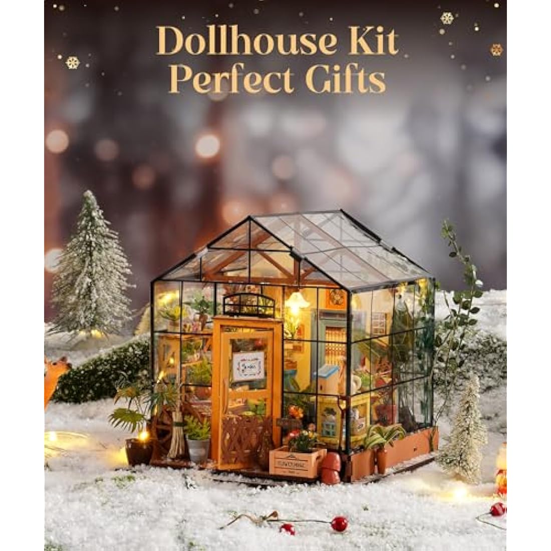 ROWOOD Doll House Kit Greenhouse, DIY Miniature Room with LED light, Wooden Model Building Kit for Adults, Cathy's Flower House for Christmas