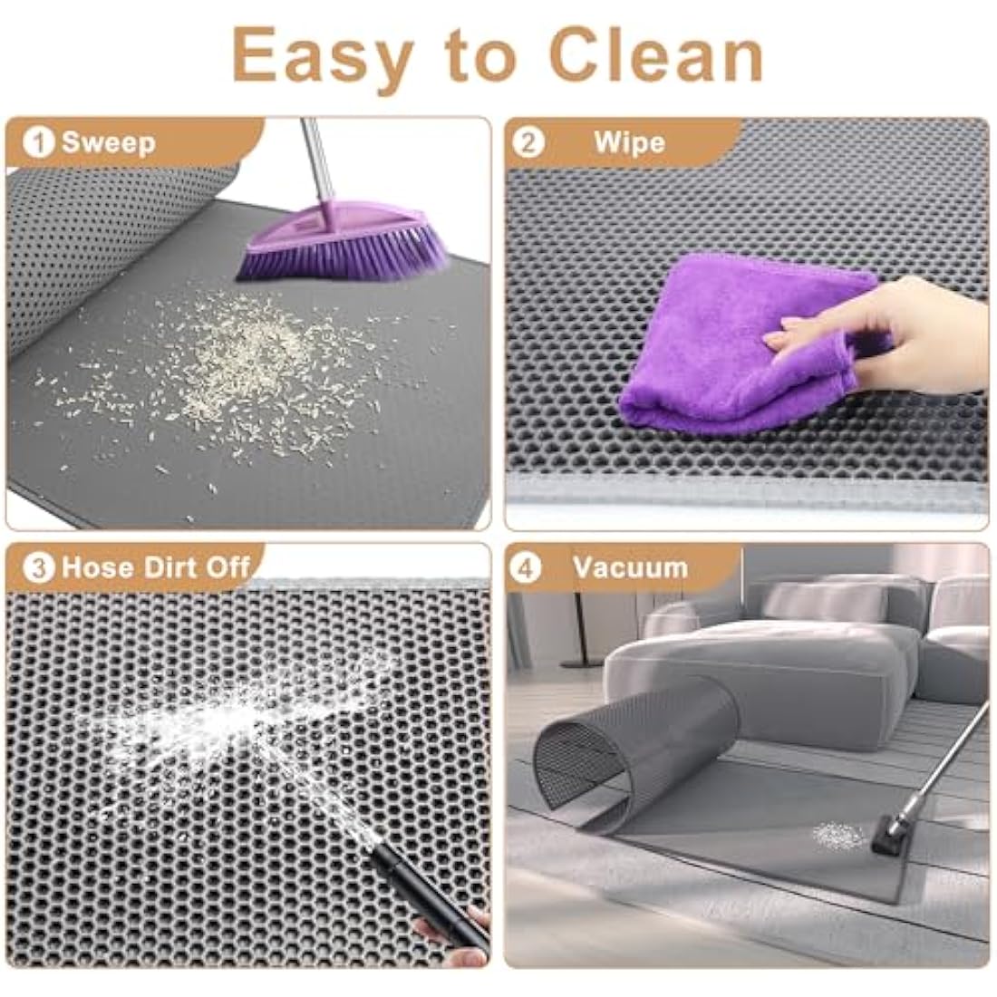 Garoopion Cat Litter Mat, 90 X 76 cm EVA Litter Trapping Mat, Double Layer Honeycomb Holes Design, Grey, 1 Side Connected
