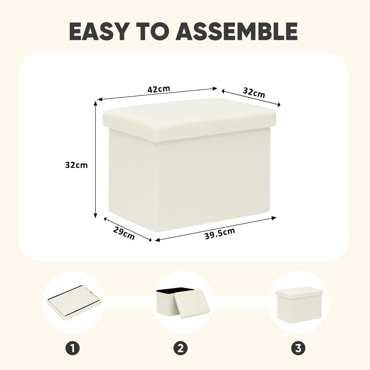 PINPLUS Folding Storage Box Ottoman, Linen Small Footstool, Cream White