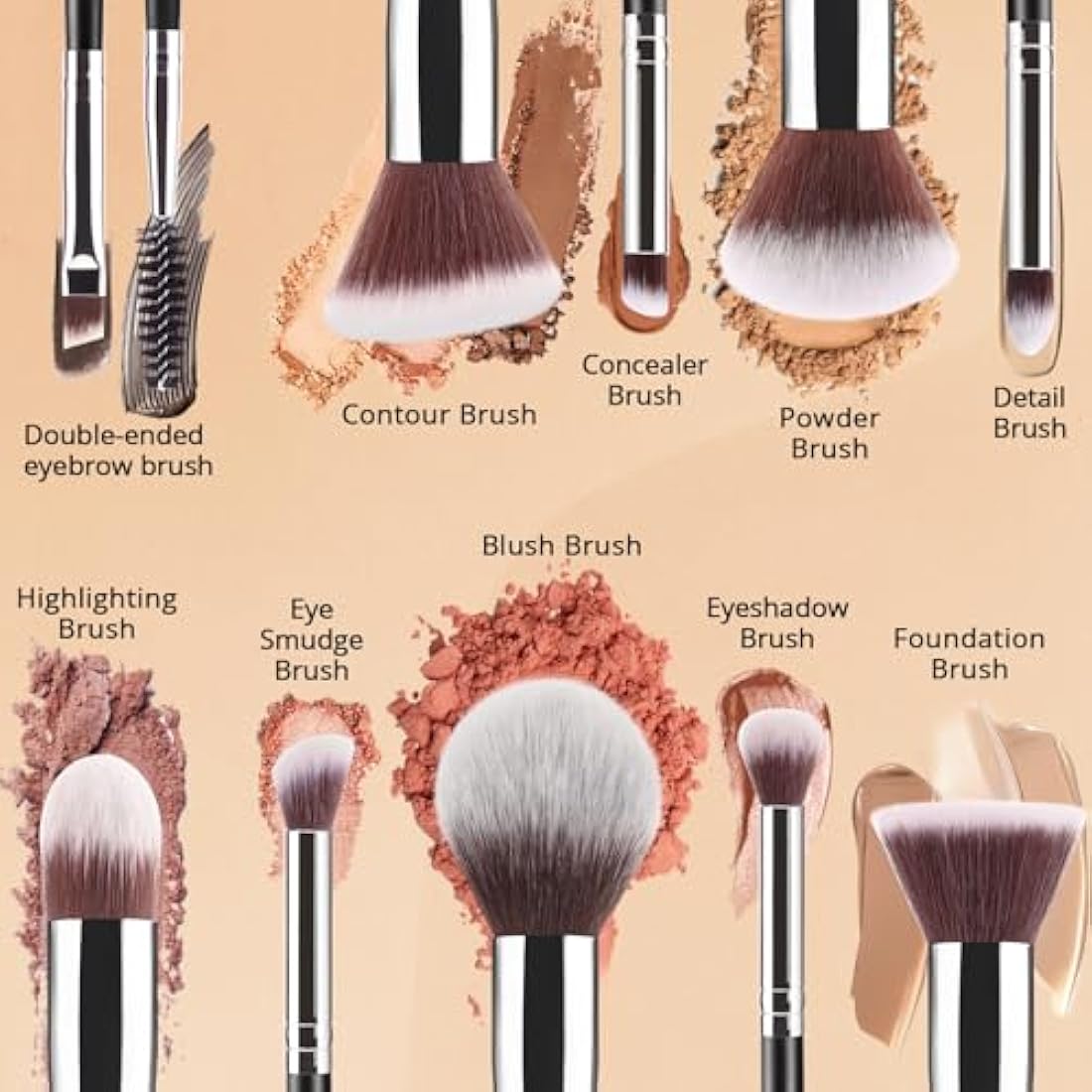 BEAKEY Makeup Brushes, Foundation Brushes, Blending Face Powder Blush Eyeshadow Brushes, Gift for Ladies and Girls, Brush Sets with Two Sponges (10+2pcs, with Black Brush Case)