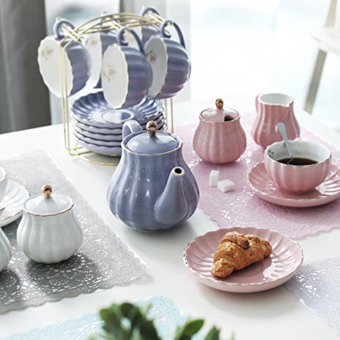 Sweejar Home Porcelain Tea Set Royal Family 225 ml to Cups and Saucers with Teapot Milk Ceramic Tea and Coffee Cups (Pink)