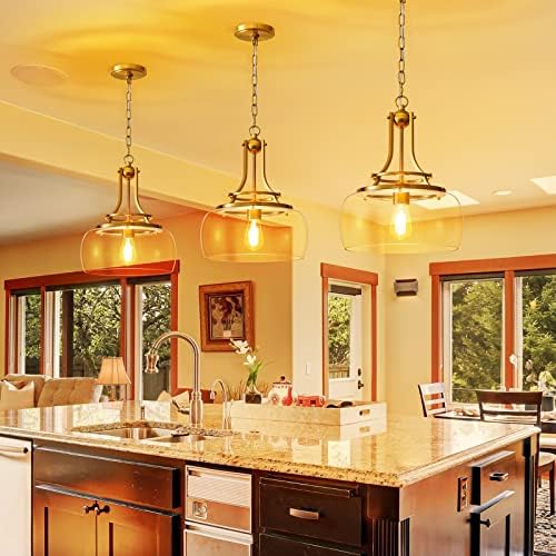 WUZUPS Chandelier Rustic Farmhouse Industrial Round Ceiling Pendant LED Light Fixture with Clear Glass Shades for Dining Room Kitchen Island Foyer Entryway, H 43 x W 34, E27 Base, Brushed Gold