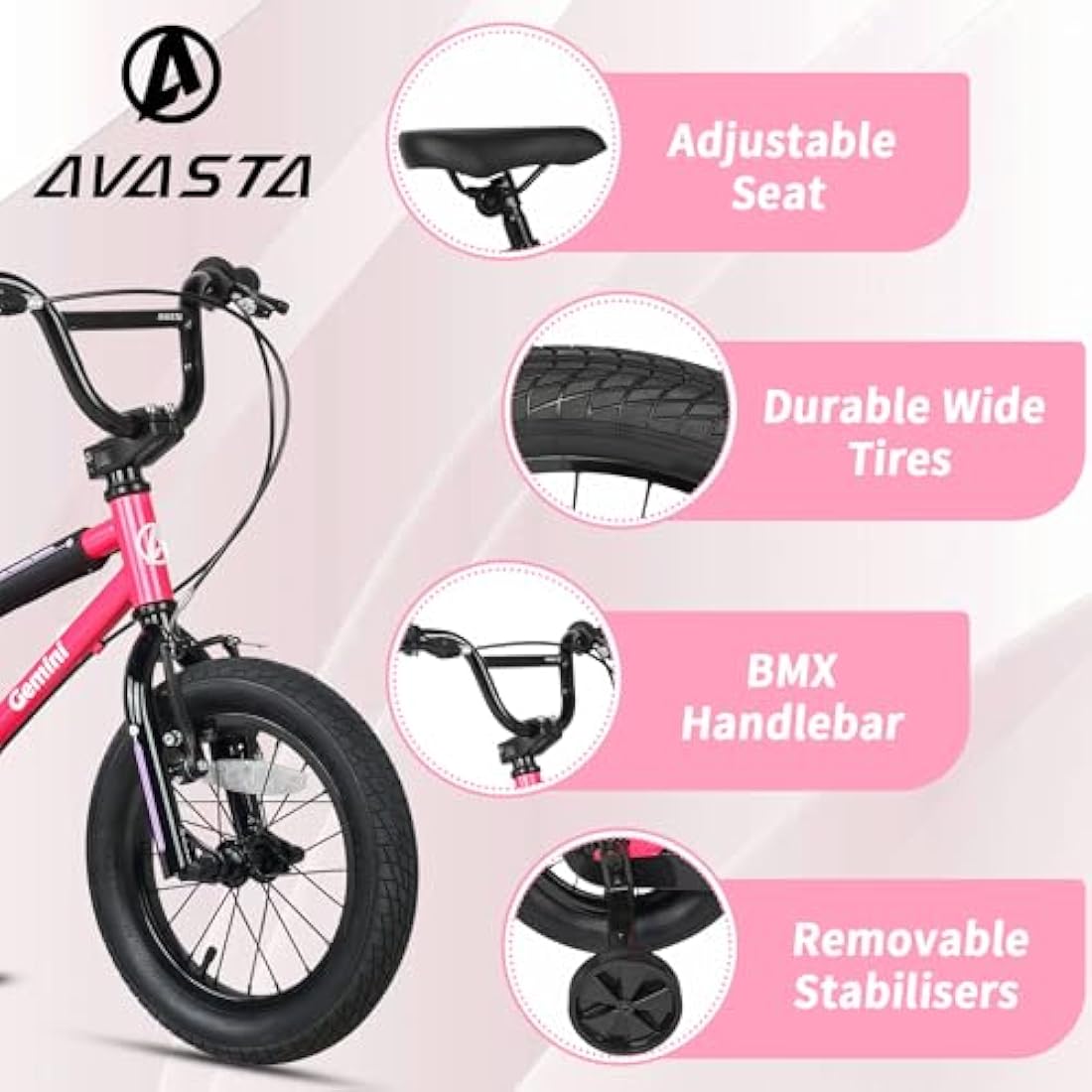 AVASTA 12 14 16 Inch Kids Bike BMX Style Bicycle with Stabilisers & Kickstand & Bell for 2-8 Years Old Boys Girls, Multiple Colors