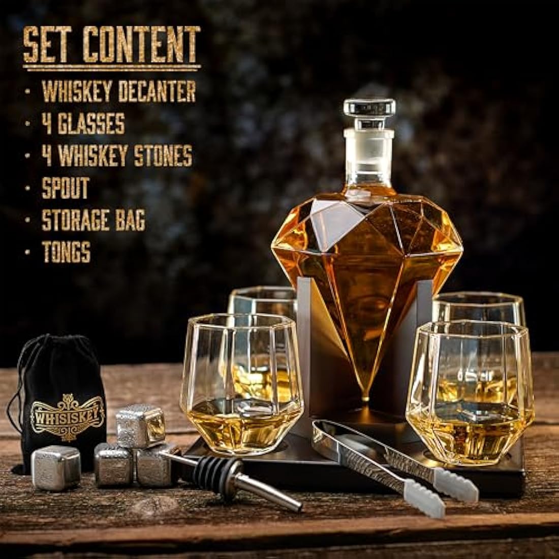 Whisiskey – Whiskey Decanter – Diamond - 1000 ml – Whiskey Carafe Set - Gifts for Men – Inc. 4 Whiskey Glasses – 4 Whiskey Stones – Spout – Glass Stopper and Pliers