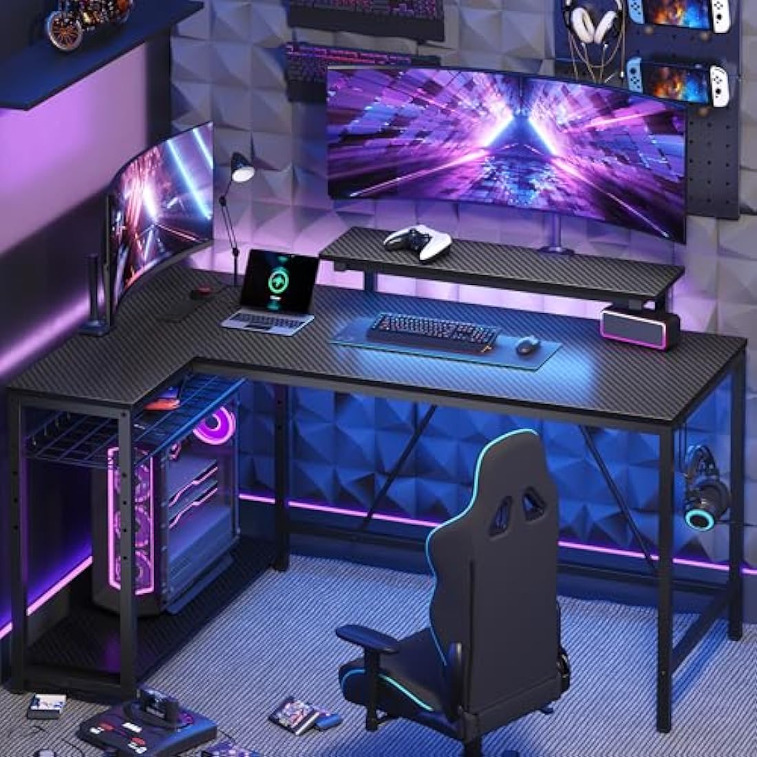 Bestier 132.5CM L-Shaped Workstation with Carbon Fibre Surface, 3 Power Outlets & 2 USB Ports, LED Strip Lights – Reversible Corner Unit with Shelves & Hooks for Home Office & Gaming