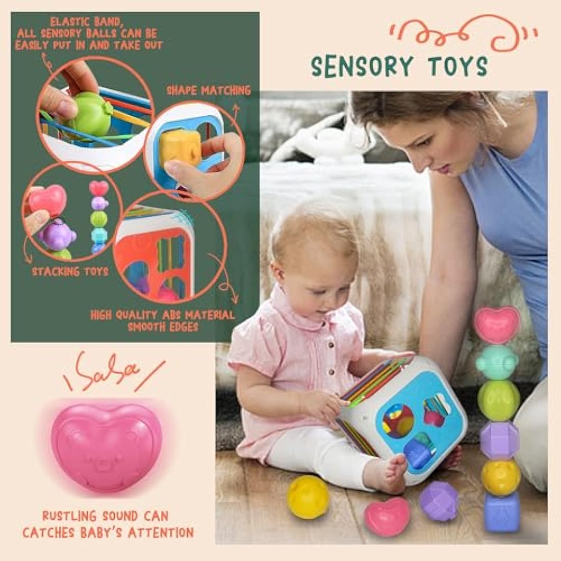 MutoToy® Baby Toys 6 Months Plus, 6 in 1 Montessori Toys, 42PCS Sensory Toys with Stacking cups, Suction Cup Spinner Toys, Baby Tissue Box Toy, Shape Sorter, Stacking Rings, Baby Blocks