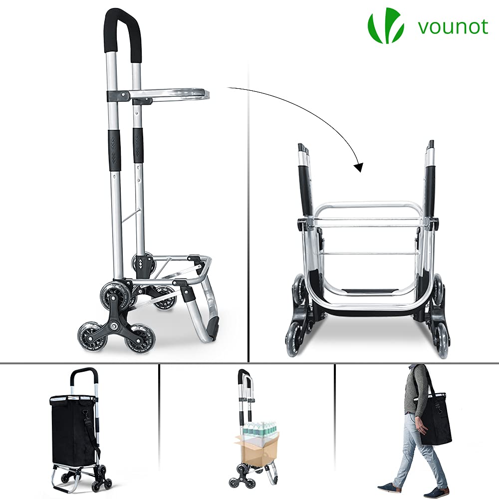 VOUNOT Folding Shopping Trolley on 6 Wheels, Aluminium Lightweight Shopping Cart with Insulated Cooling Bag, Stair Climbing Grocery Trolley, 58L,