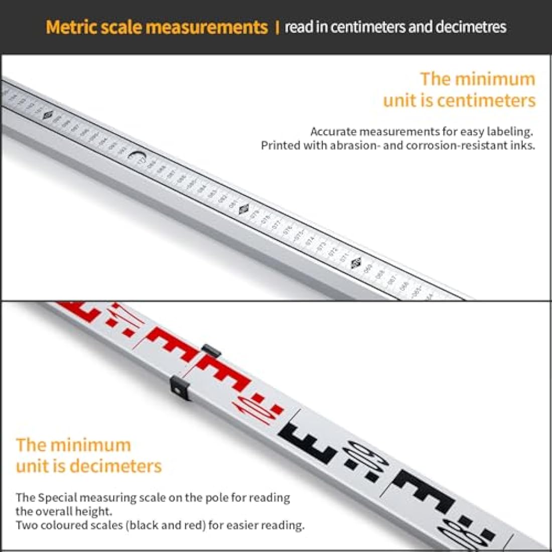 Firecore Levelling Staff, Telescopic Levelling Staff 5m, Aluminium Measuring rods for Cross line Lasers and Rotating Lasers, Measuring Staff with Spirit Bubble, 5m Length in 5 Segments, mm/dm Scale