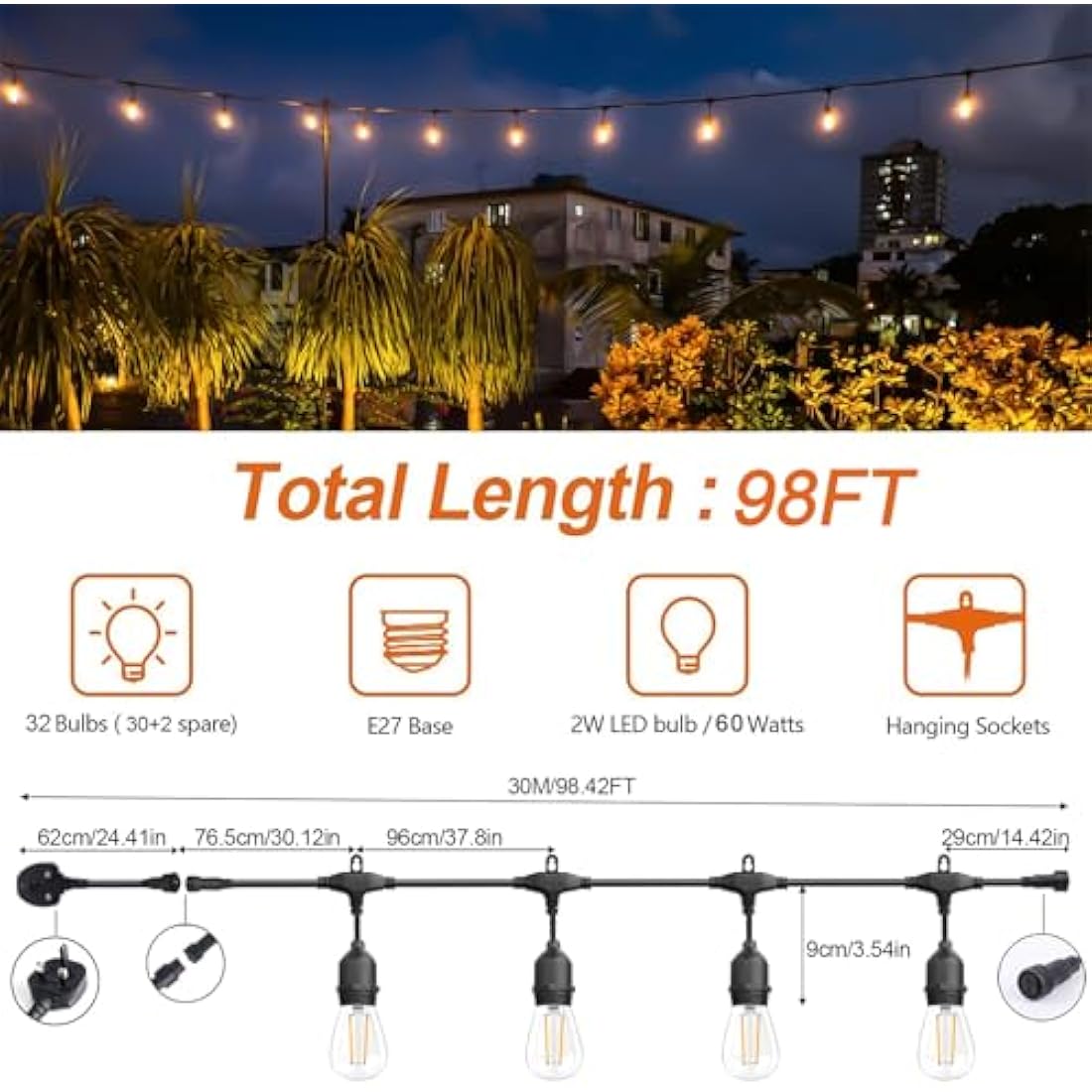 Spacelumen 98FT Outdoor String Lights Mains Powered, 32 Pcs 2W S14 LED E27 Screw Bulb, 2700K Warm White S14 Garden String Festoon Lights for Patio Party Wedding Yard Gazebo