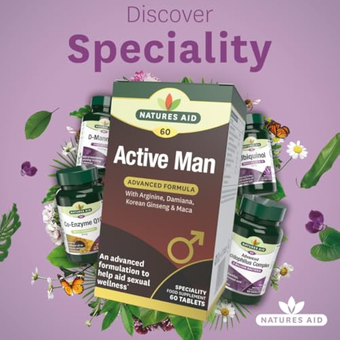 Natures Aid Active Man Tablets - High Strength Supplement with Zinc Maca Ginseng and Damiana - Supports Men’s Health Energy Vitality Immunity and Performance - Vegan Gluten Free Non-GMO - 60 Tablets