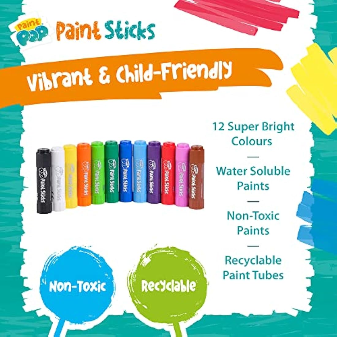 Paint Pop - Paint Sticks For Kids - 12 Pack Assorted Colours - Twist & Paint, Mess-Free, Fast Drying Action, Easy Clean Up, Vibrant Colours, Multi-Surface