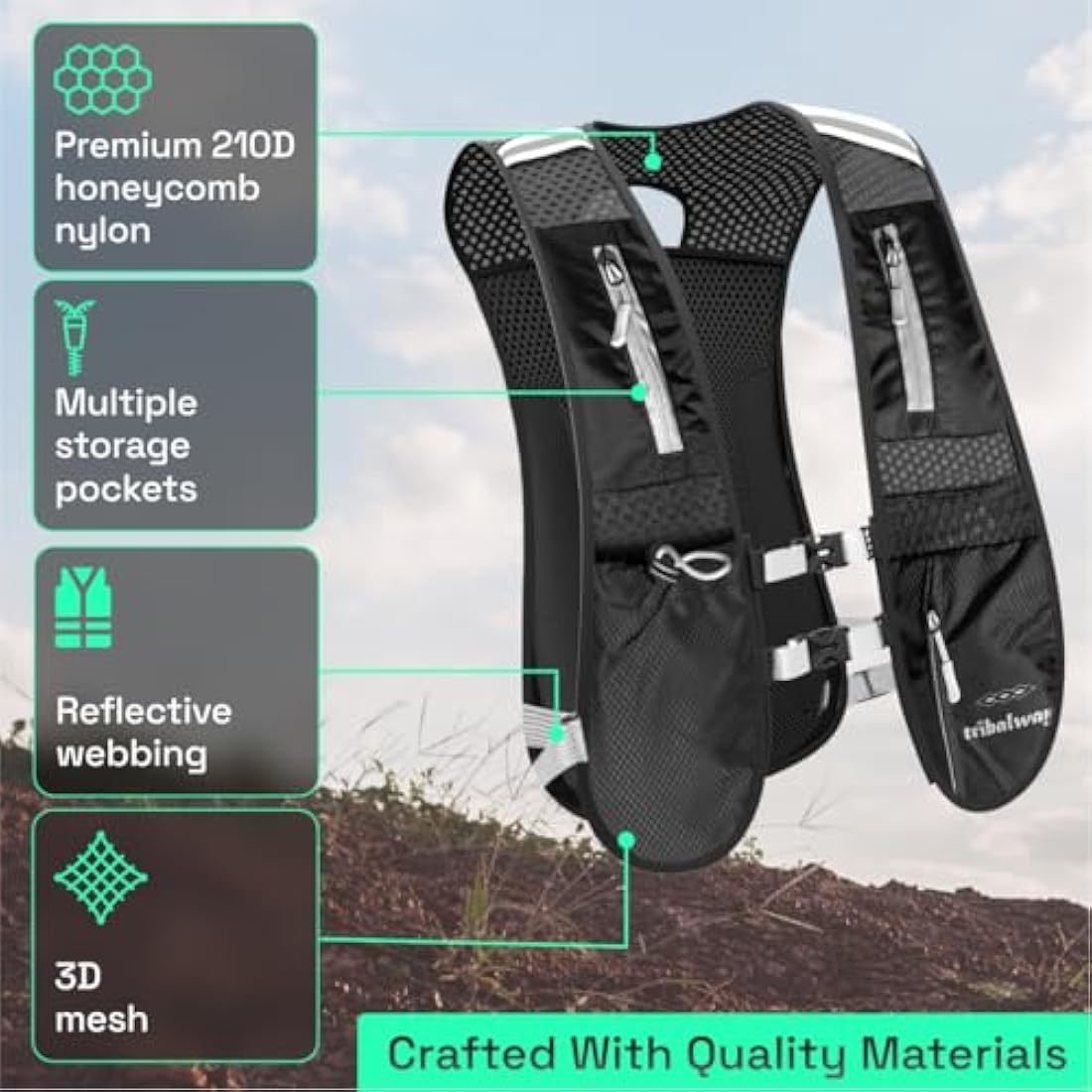 Tribalway Running Vest with Water Bladder – Hydration Vest for Men & Women, Breathable Running Backpack, Reflective Strips, Phone Holder, Water bottle Holder - Black